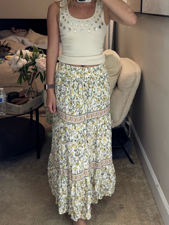 Japna Dresses & Skirts - Japna Cream Maxi Skirt with Yellow & Green Floral Print